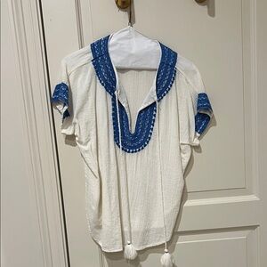 Star Mela White and Blue Embroidered Blouse